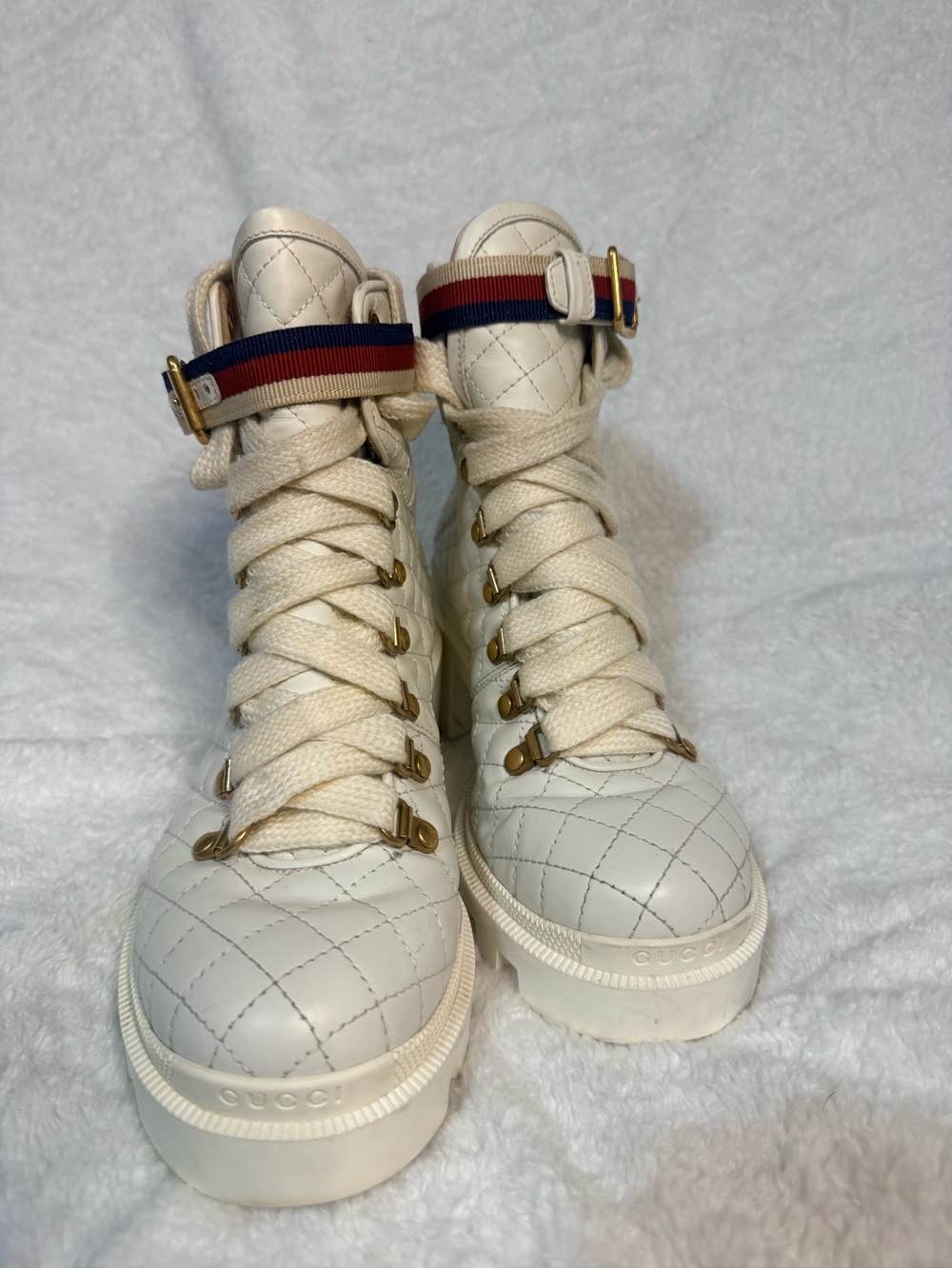 Gucci White Quilted Lace-Up Platform Ankle Boots with Red and Blue Stripe - Picture 3 of 16